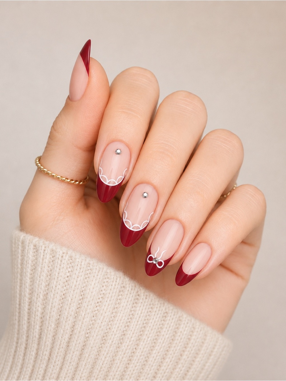 imPRESS Red and Nude French Tip Press-On Nails with White Lace & Bow Accents